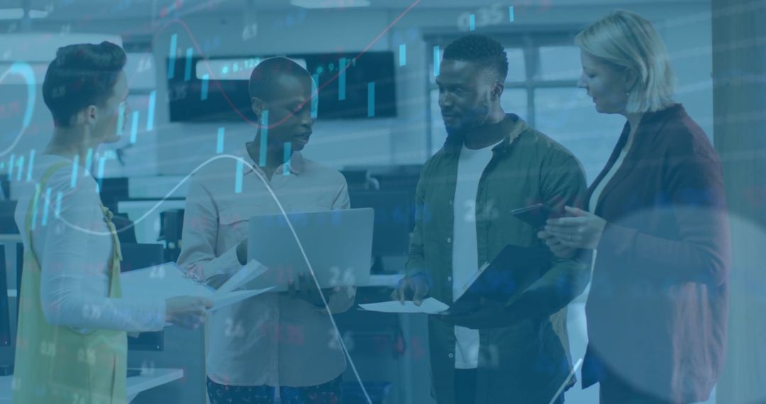 Diverse Team Discussing Finance in Modern Office with Digital Overlay