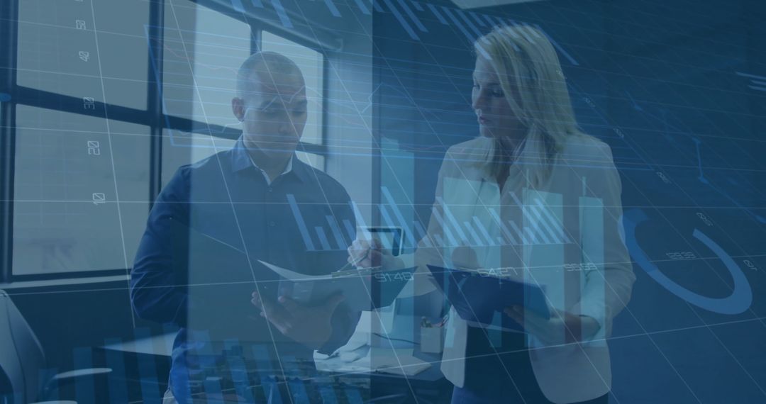 Business Professionals Discussing Financial Data Analysis in Modern Office