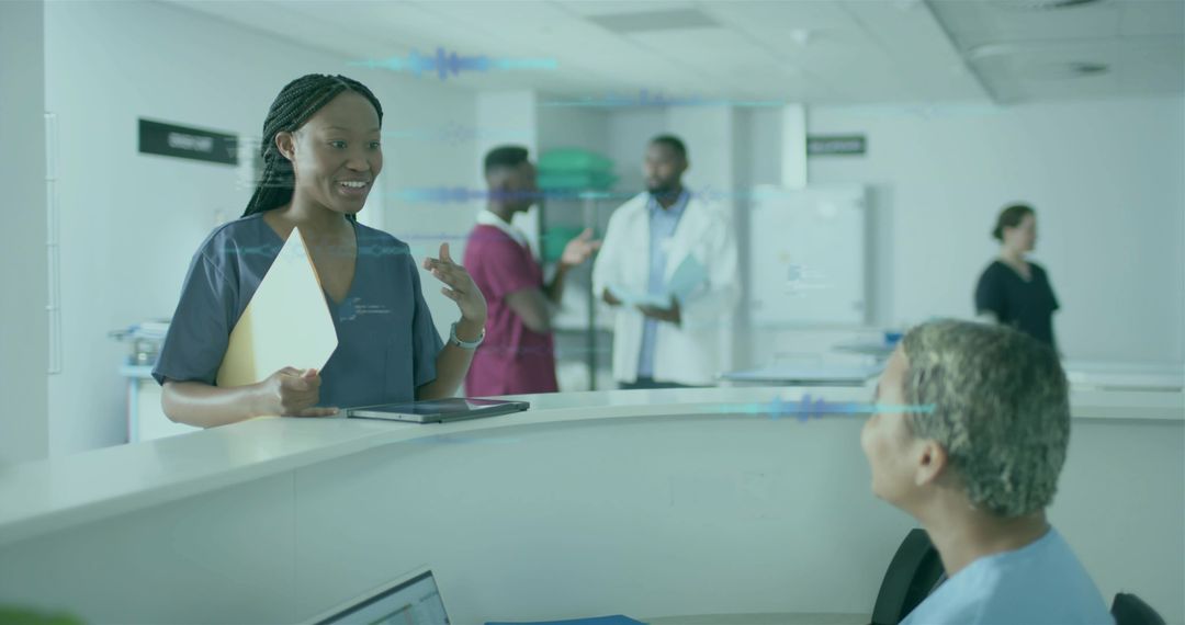 Nurse Collaborates at Hospital Reception Embracing Digital Tools