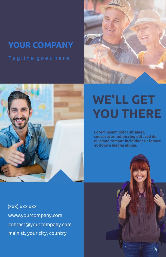 Bright Travel Service Brochure with Enthusiastic Travelers and Consultant