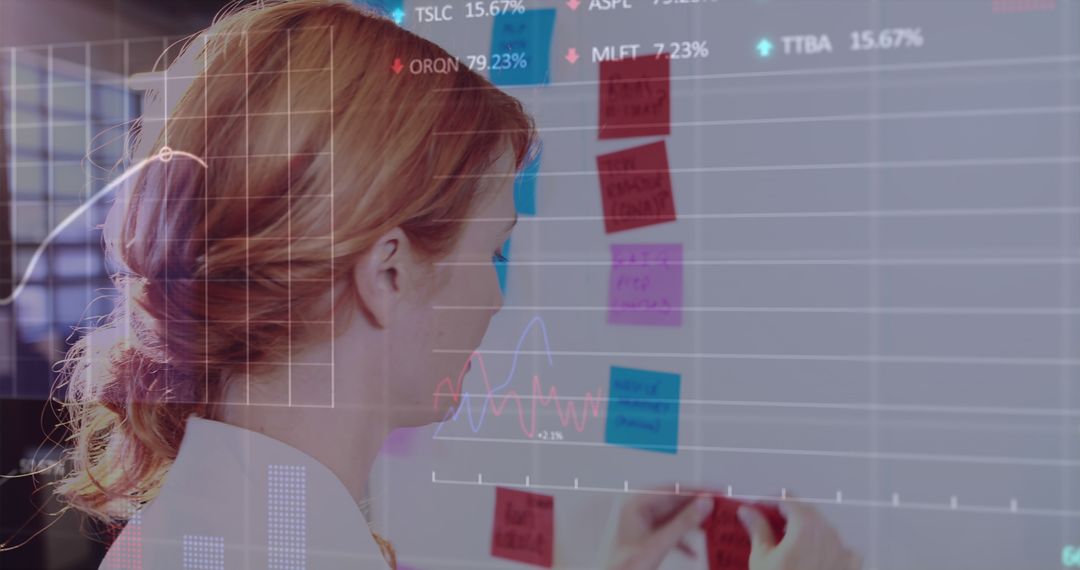 Businesswoman Analyzing Graphs and Sticky Notes on Whiteboard - Free Images, Stock Photos and Pictures on Pikwizard.com