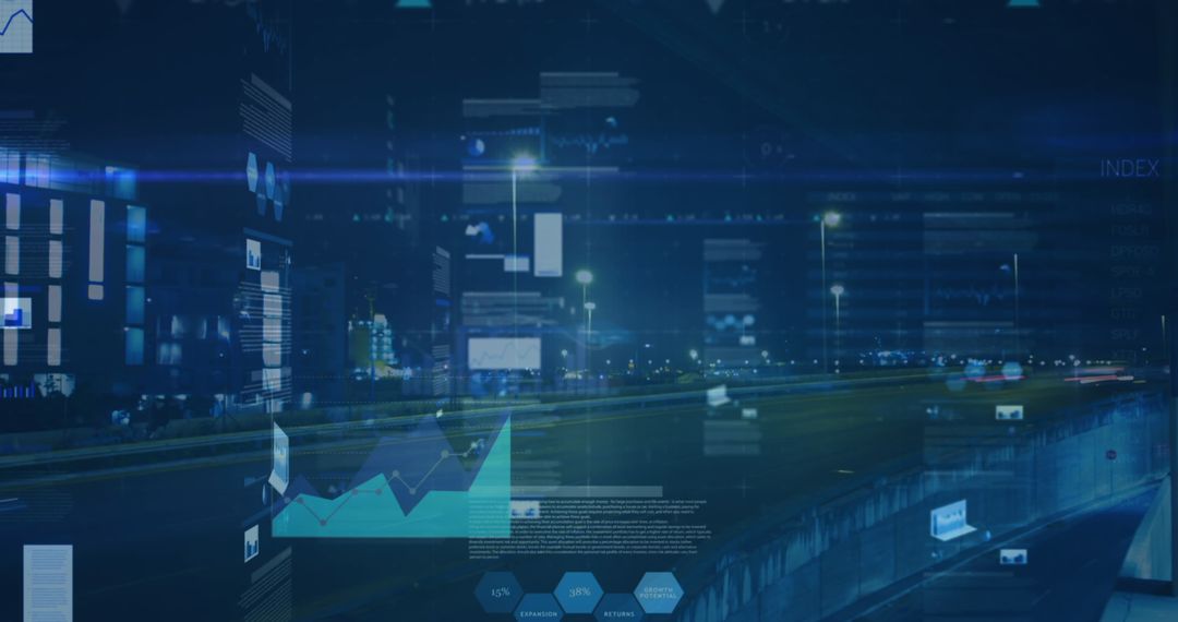 Digital Financial Metrics Displayed Over Modern Cityscape
