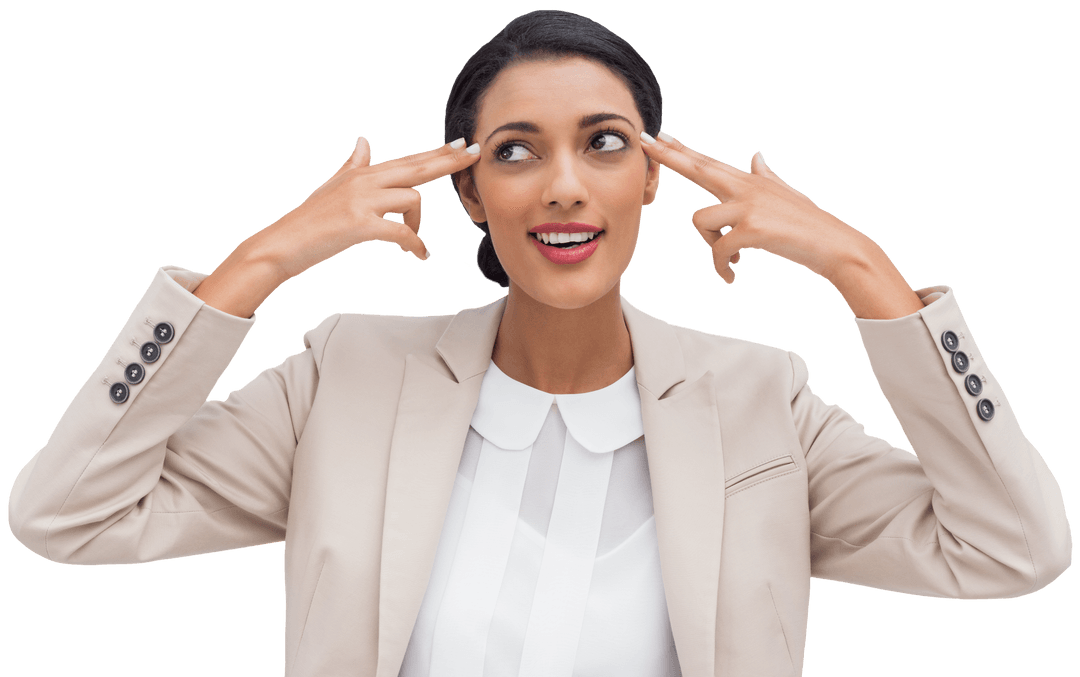 Transparent Businesswoman Gesturing Confidence with Finger Pointing