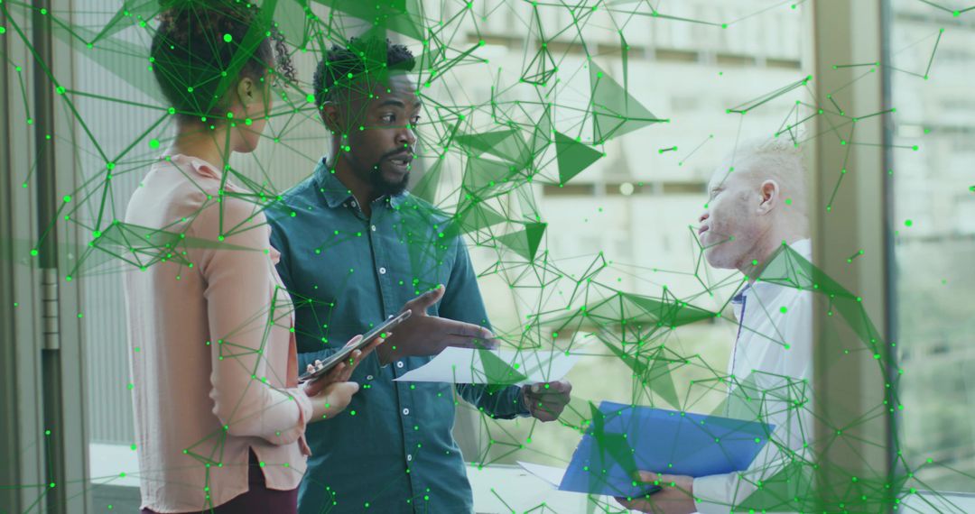 Colleagues Collaborating in Office Setting with Digital Network Overlay