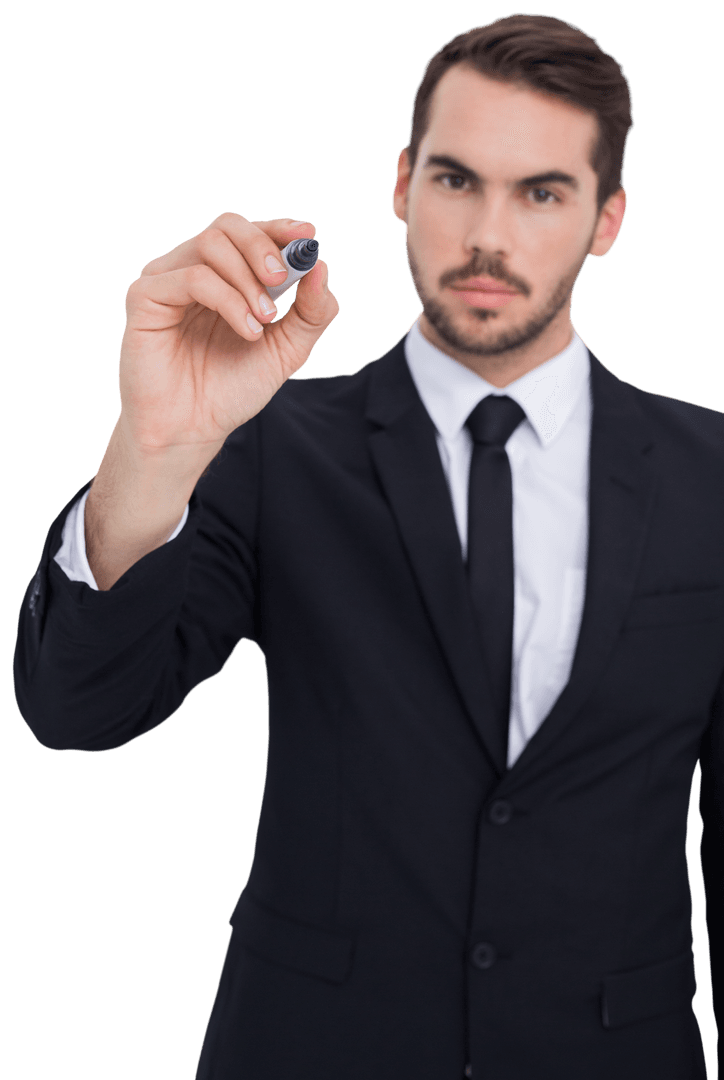Focused Businessman Writing with Marker on Transparent Background