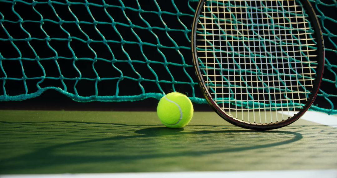 Tennis Racket and Ball on Court Near Net - Free Images, Stock Photos and Pictures on Pikwizard.com