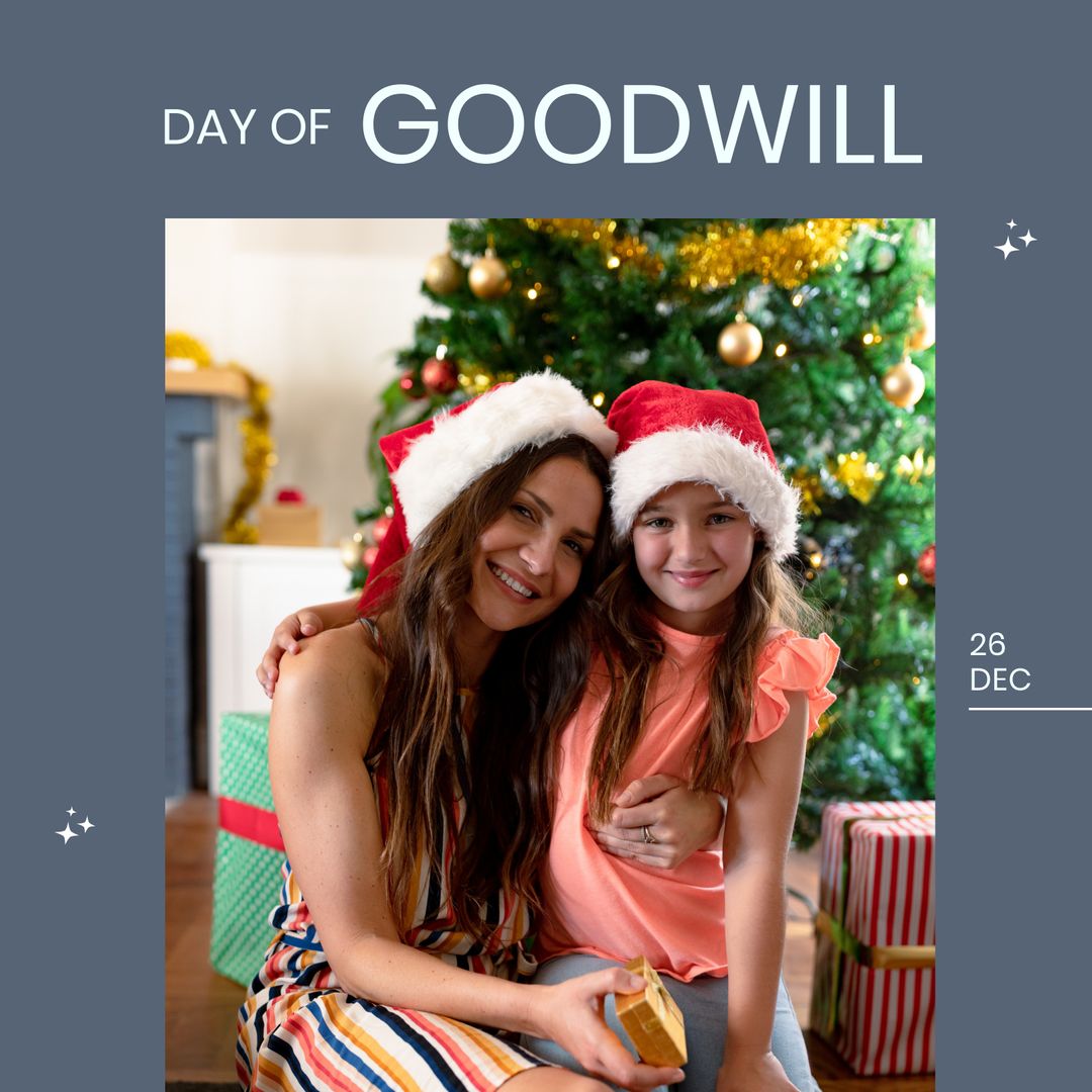 Mother and Daughter Celebrating Day of Goodwill by Christmas Tree