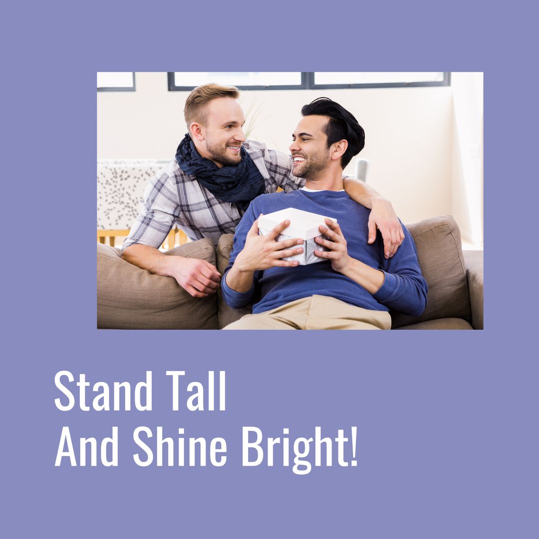 Happy LGBTQ Couple Embracing While Offering Gift