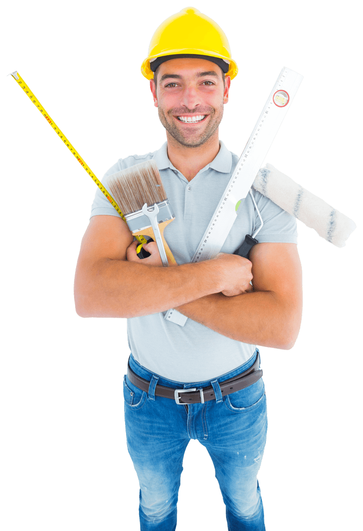 Happy Manual Worker Holding Tools Isolated on Transparent Background