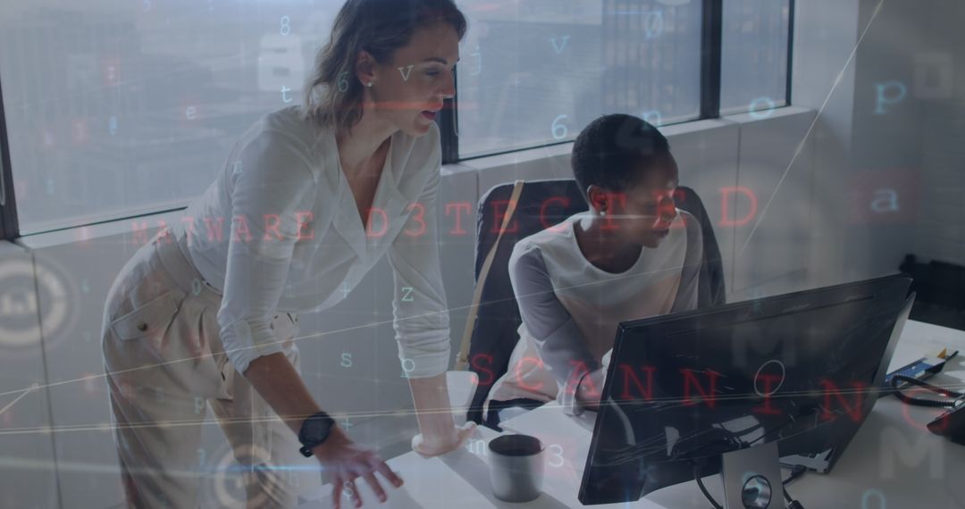 Diverse Team Analyzing Data with Digital Interfaces in Modern Office