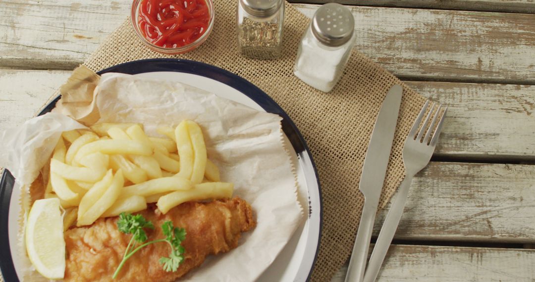 Traditional Fish and Chips with Ketchup, Salt and Pepper on Rustic Table - Free Images, Stock Photos and Pictures on Pikwizard.com