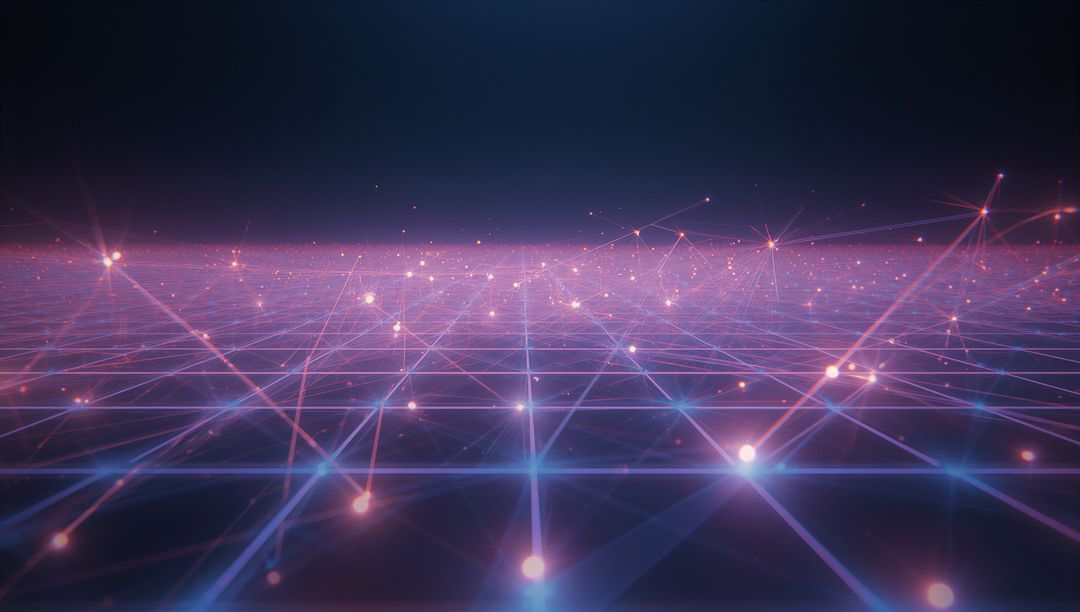 Futuristic Digital Grid with Glowing Nodes and Light Streaks