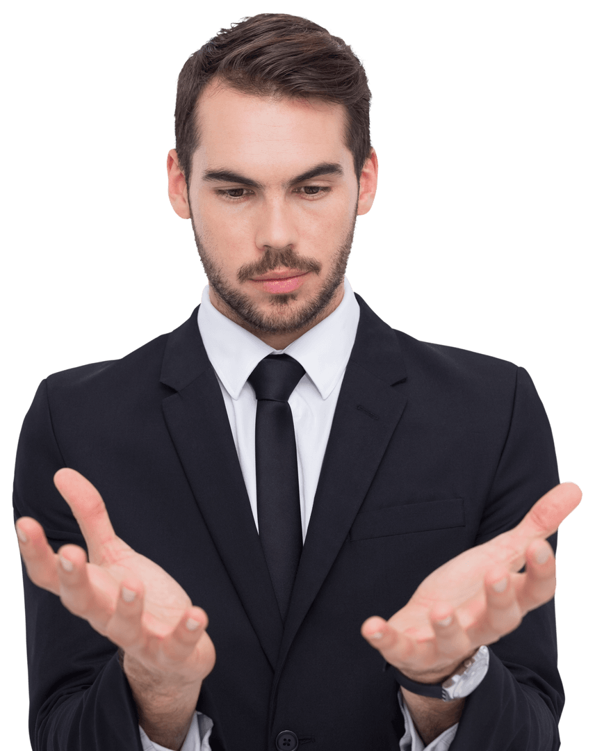 Transparent Businessman Presenting with Open Hands