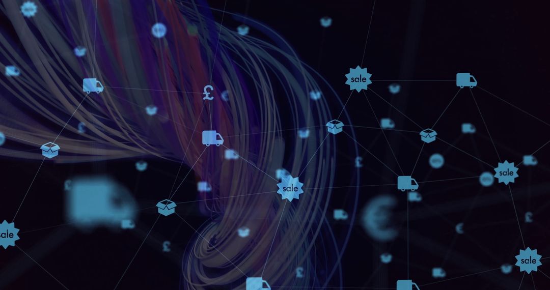 Abstract Data Network with Technology Icons and Light Trails