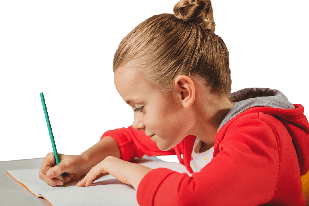 Caucasian Schoolgirl Writing in Notebook with Transparent Background