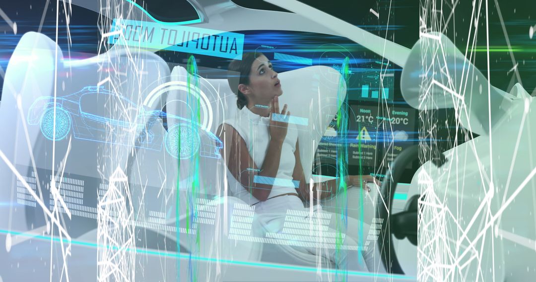 Woman Interacting with Futuristic Self-Driving Car Interface