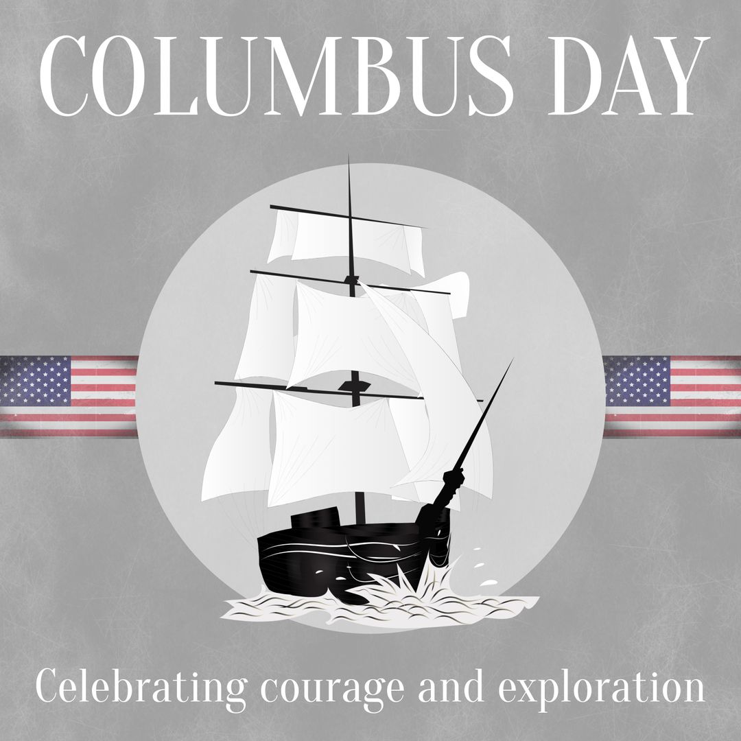 Columbus Day Celebration with Vintage Ship and American Flags