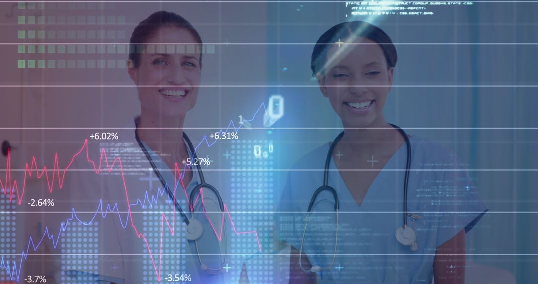 Diverse Female Doctors Overlaid with Financial Data Visualization