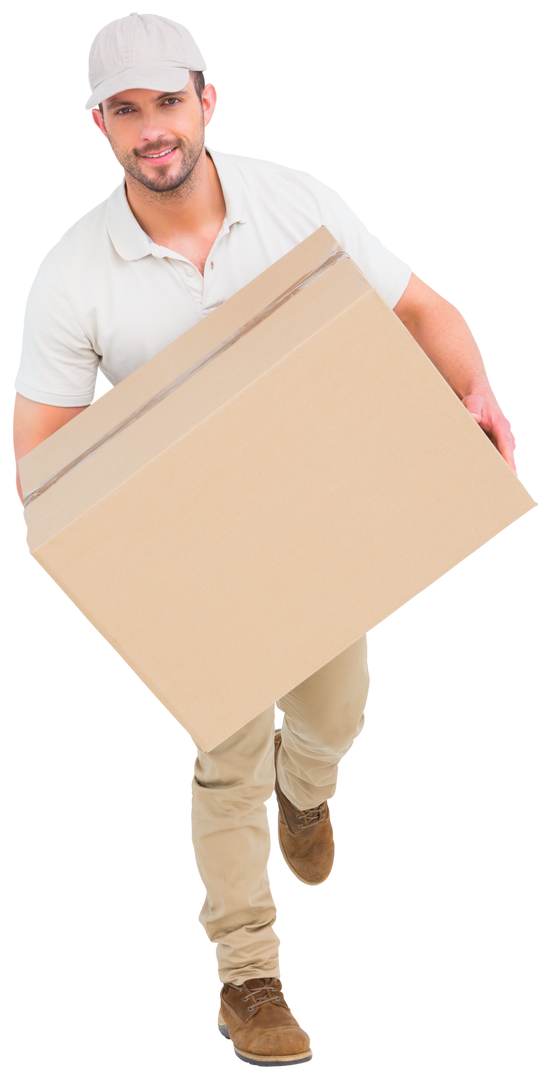 Smiling Delivery Man Running with Large Cardboard Box Transparent Background - Download Free Stock Images Pikwizard.com