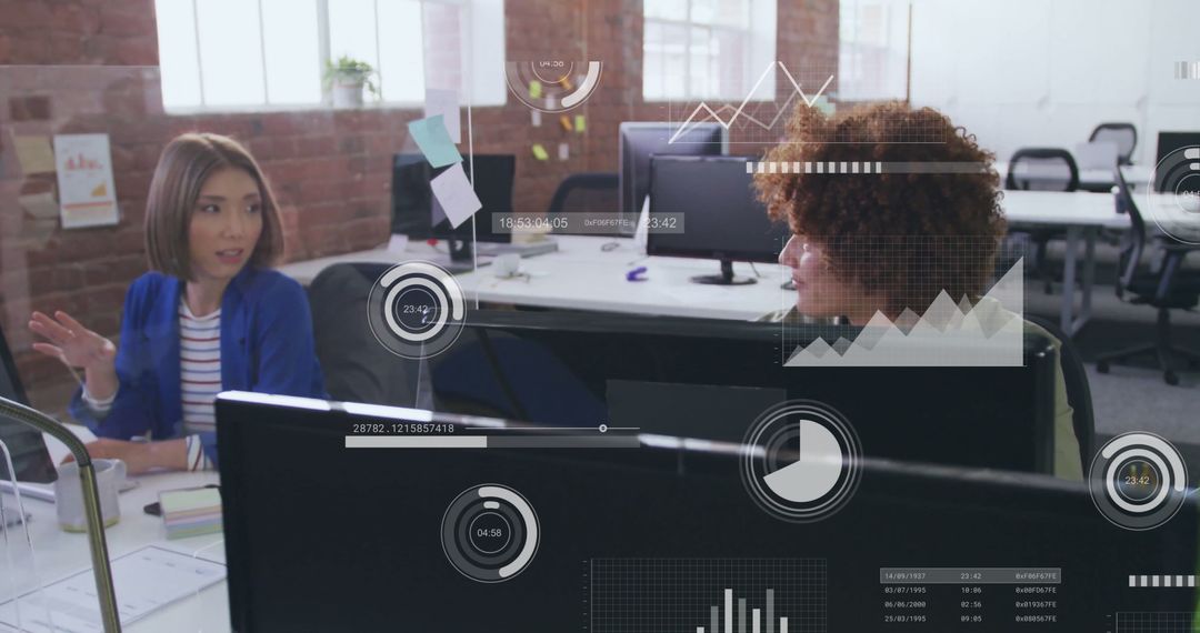 Diverse Female Team Discussing Work with Data Overlay in Modern Office