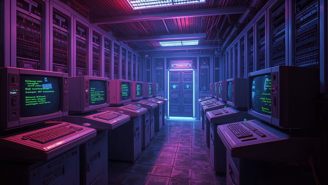 Cyberpunk Server Room with Neon Glow and Vintage CRT Monitors