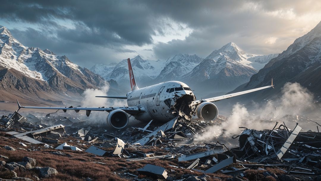 Plane crash wreckage in remote mountain valley with dramatic sky