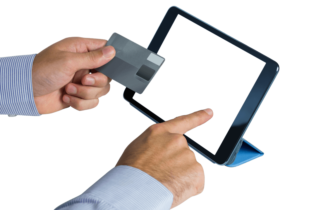 Businessman Holding Credit Card Touching Transparent Digital Tablet