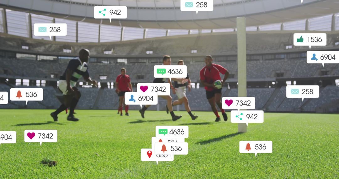 Rugby Team in Action With Social Media Icons Overlay