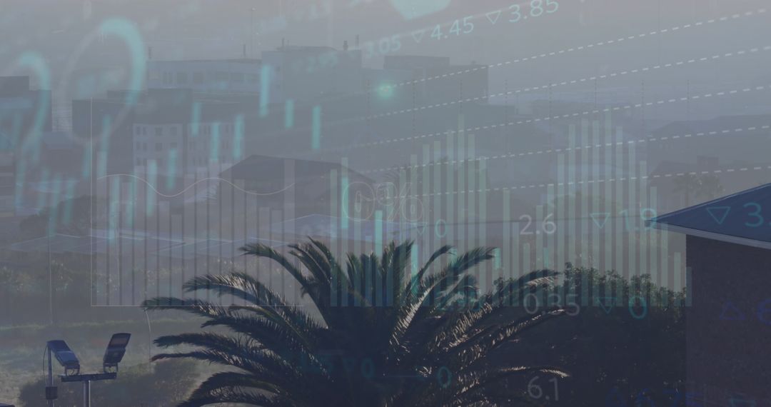 Neon Graphic Overlay on Cityscape with Financial Data Visualization