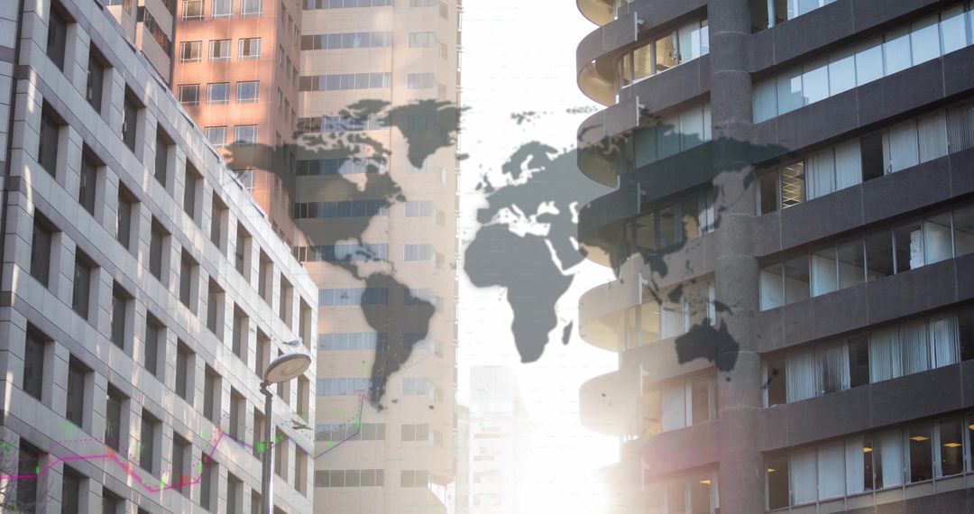 World Map and Financial Data Over Urban Skyscrapers