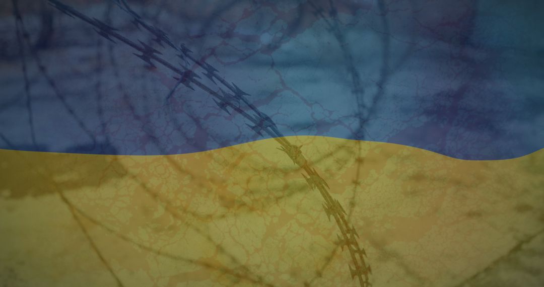 Flag of Ukraine Overlaid with Barbed Wire Fence Symbolizing Conflict - Free Images, Stock Photos and Pictures on Pikwizard.com