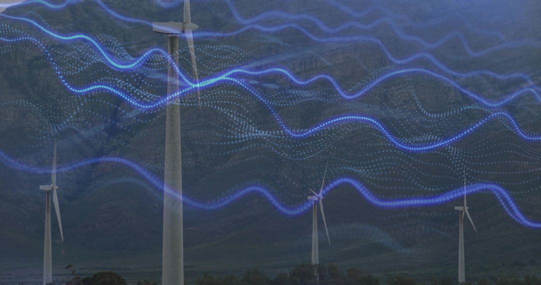 Wind Turbines with Digital Data Waves Over Mountains