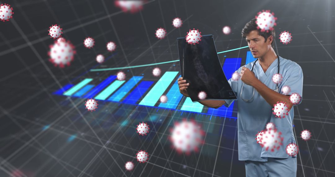 Doctor Analyzing X-ray with Digital COVID-19 Data Overlay