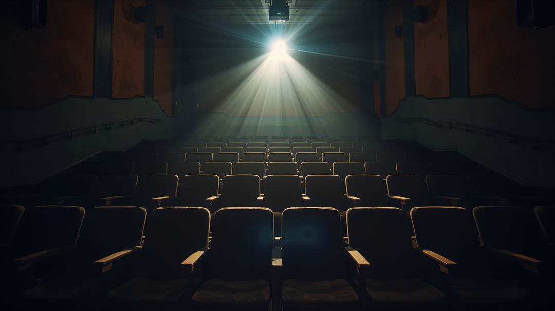 Projector Beam Illuminating Empty Cinema Auditorium Rows of Vintage Seats