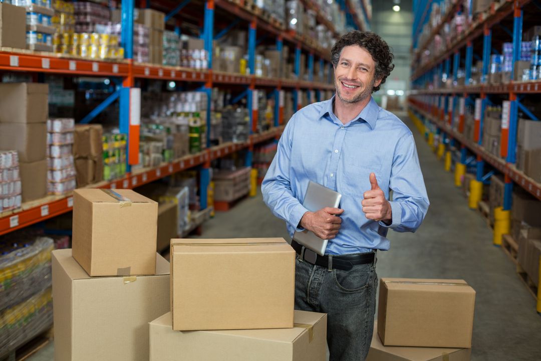Warehouse Worker with Tablet Showing Thumbs-Up