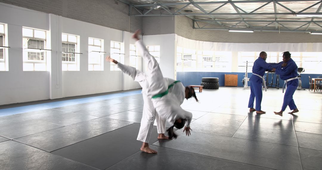 Martial Arts Training with Partners Executing Throws in Dojo