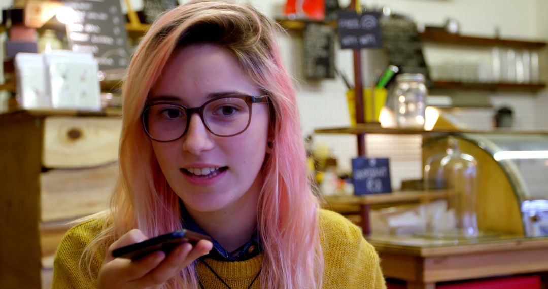 Young Woman with Pink Hair and Glasses Using Smart Phone in Cafe - Free Images, Stock Photos and Pictures on Pikwizard.com