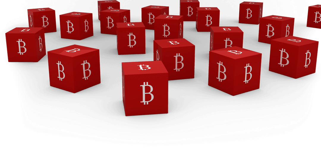 Transparent Red Cubes with Bitcoin Symbols