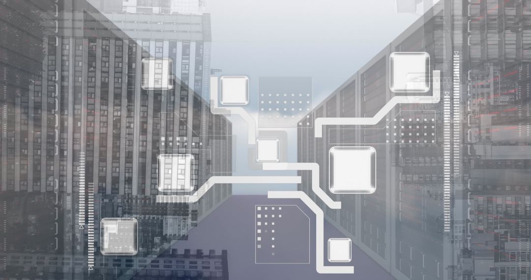 Digital Connections Concept Over Server Room and Skyscrapers