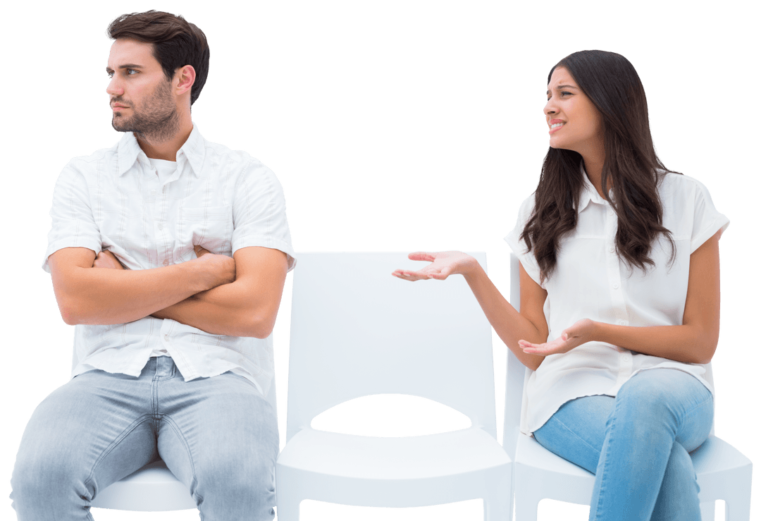 Transparent Diverse Couple Arguing on Chairs Isolated