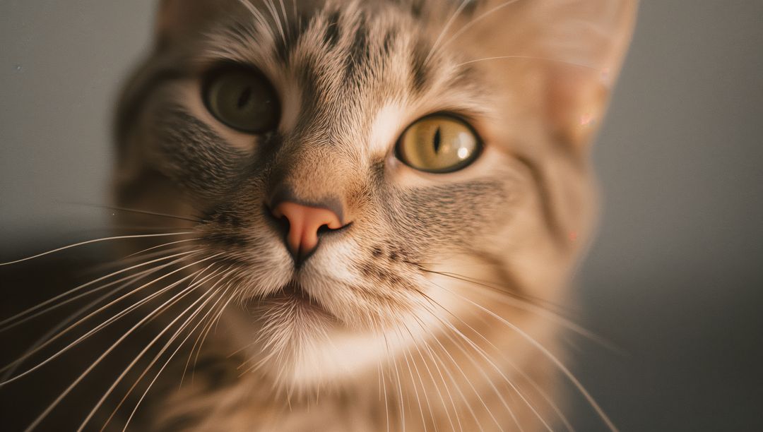 Closeup tabby cat face staring into camera with golden eyes and long whiskers portrait
