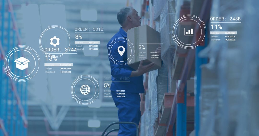 Warehouse Worker Engaged in Inventory Management with Data Analytics Overlays