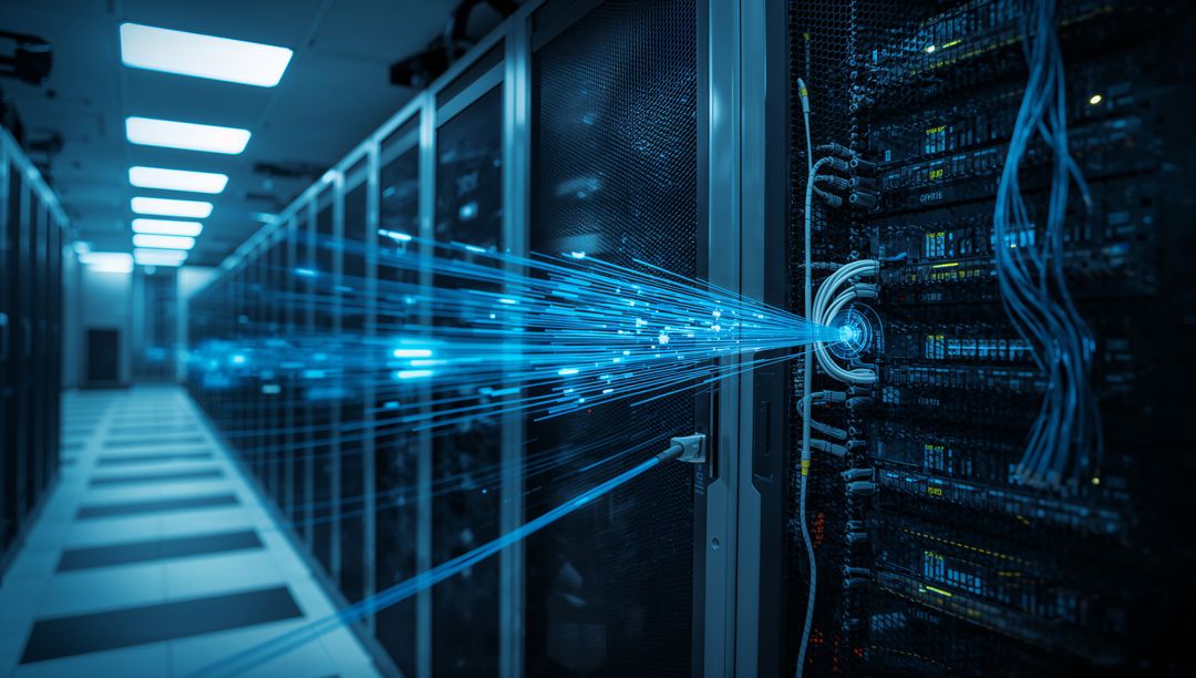 Data Streams Emitting from Server Rack in High-Tech Data Center