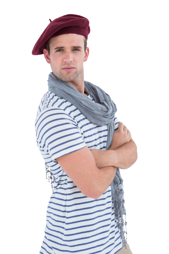 Confident Man with Beret Stripes and Scarf Transparent Background