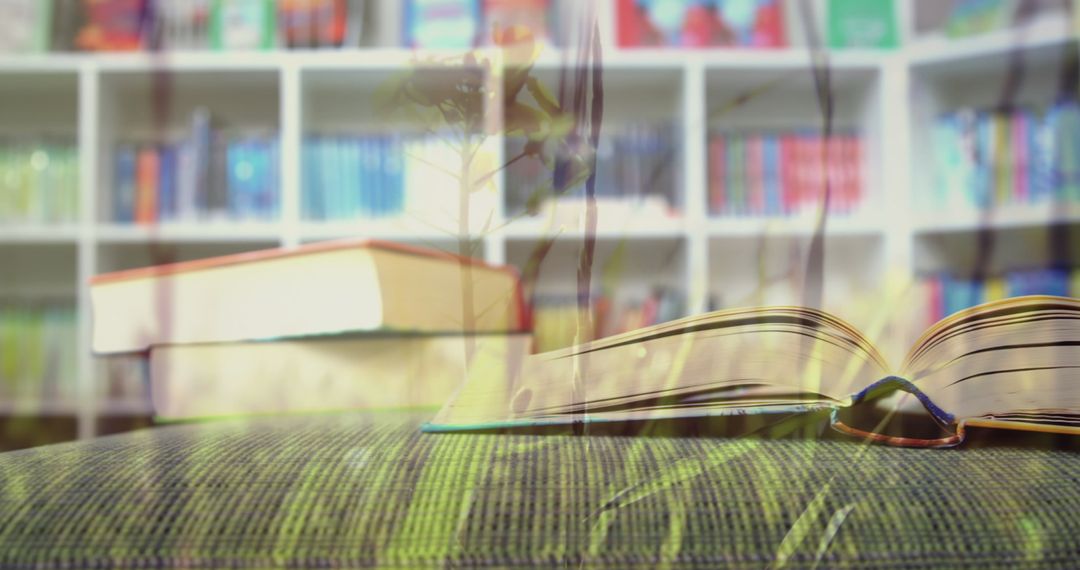 Open Book on Grass Background in Cozy Library