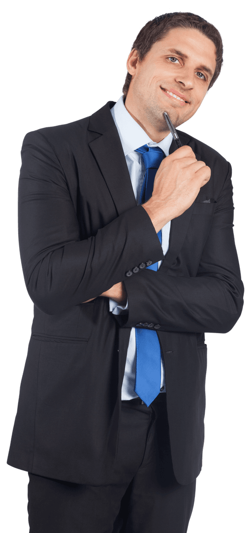 Contemplative Businessman Holding Pen Isolated on Transparent Background
