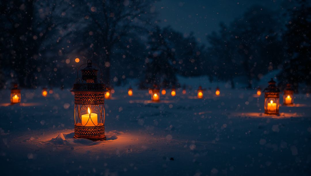 Ornate Lanterns Glowing on Snowy Night, Casting Patterned Candlelight and Soft Bokeh Glow