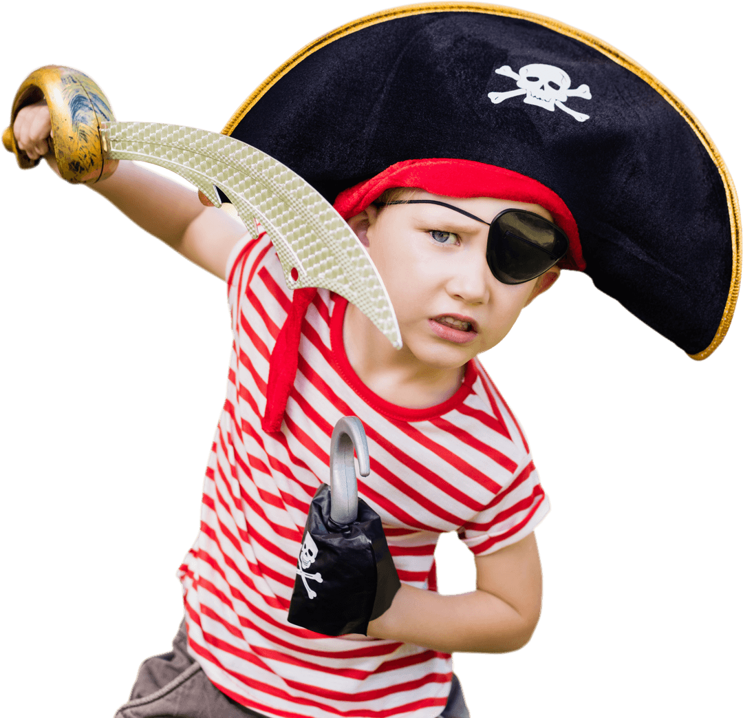 Boy in Pirate Costume with Sword on Transparent Background