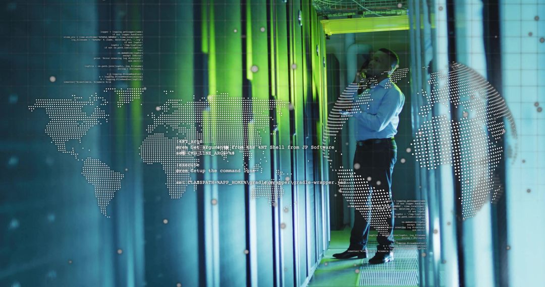 Male Technician Handling Data in Futuristic Server Room