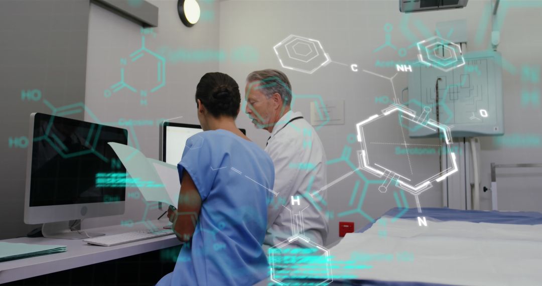 Healthcare Professionals Analyzing Data with Augmented Interface